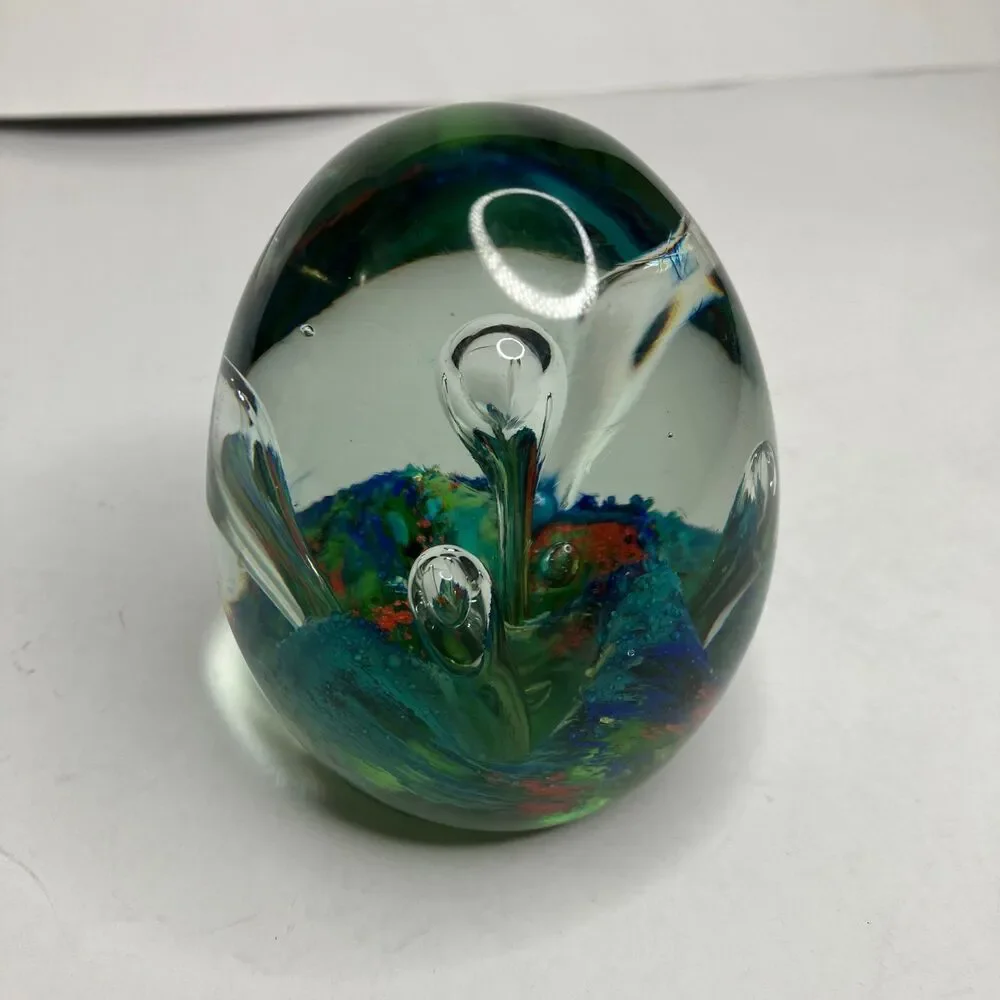 Vintage Art Glass Paperweight Hand Blown Controlled Bubbles Colorful Egg Shaped